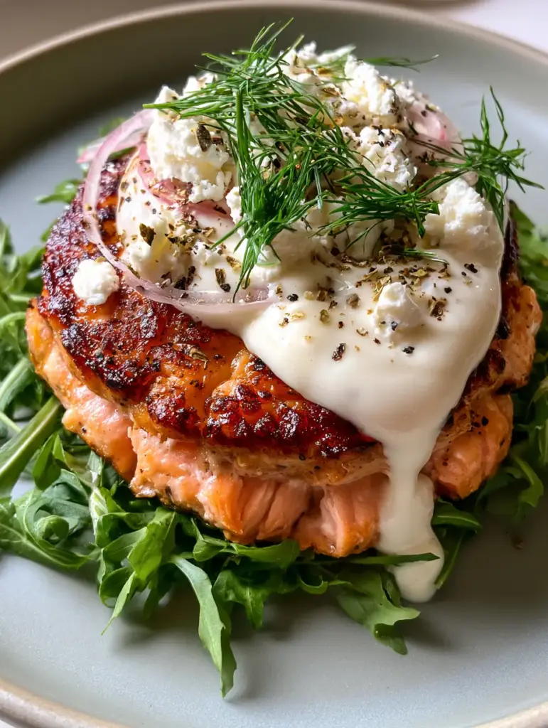 Macro shot of a salmon burger patty showing texture of feta cheese, red onion, and dill garnish. (salmon burgers)