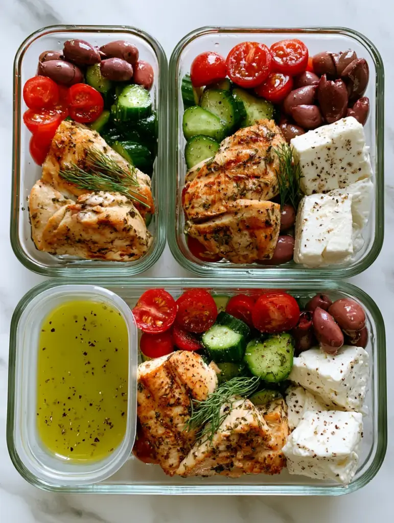 Greek chicken salad Meal Prep with Fluffy Quinoa and Lemon-Herb Vinaigrette 1 Close up of vibrant Mediterranean ingredients including Persian cucumbers, cherry tomatoes, and seared chicken for a Greek chicken salad.