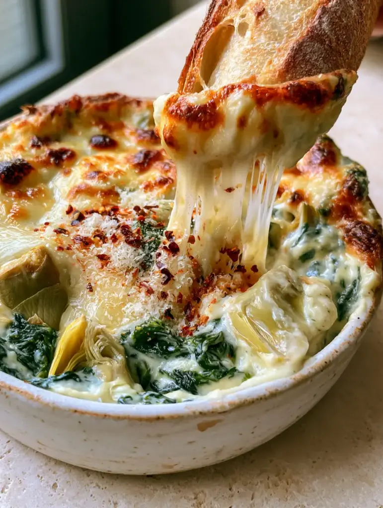 Sourdough bread slice dipping into creamy spinach and artichokes showing chunks of artichoke and wilted spinach.