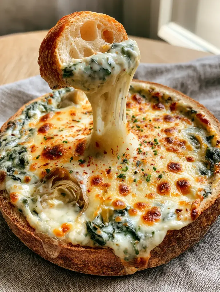 Spinach Artichoke Dip in a Sourdough Bread Bowl with a Golden Bubbly Crust 1 Spinach artichoke dip served in a rustic bread bowl on a grey linen napkin.
