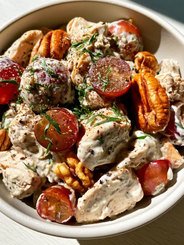Chicken Salad Recipe with Grapes and Creamy Greek Yogurt Dressing 1 Top-down view of chicken salad recipe with grapes served in a white bowl on a light wood surface.