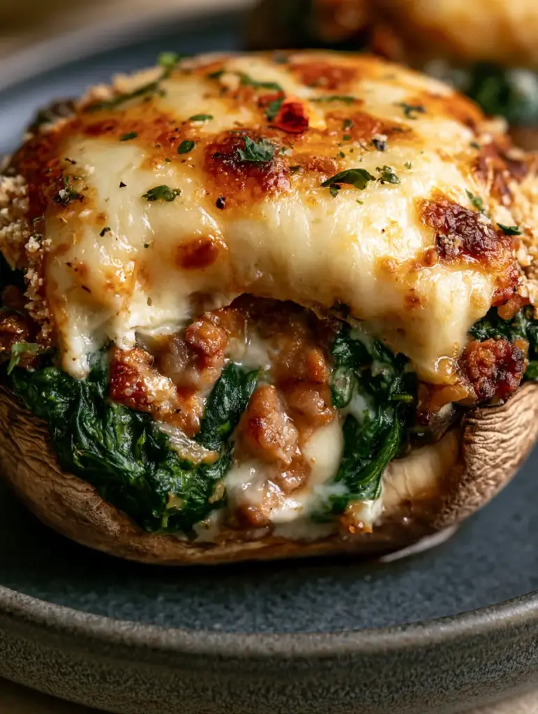 Macro shot of a gourmet Spinach & Sausage Stuffed Mushroom with a bite taken out, revealing the creamy spinach and sausage interior.