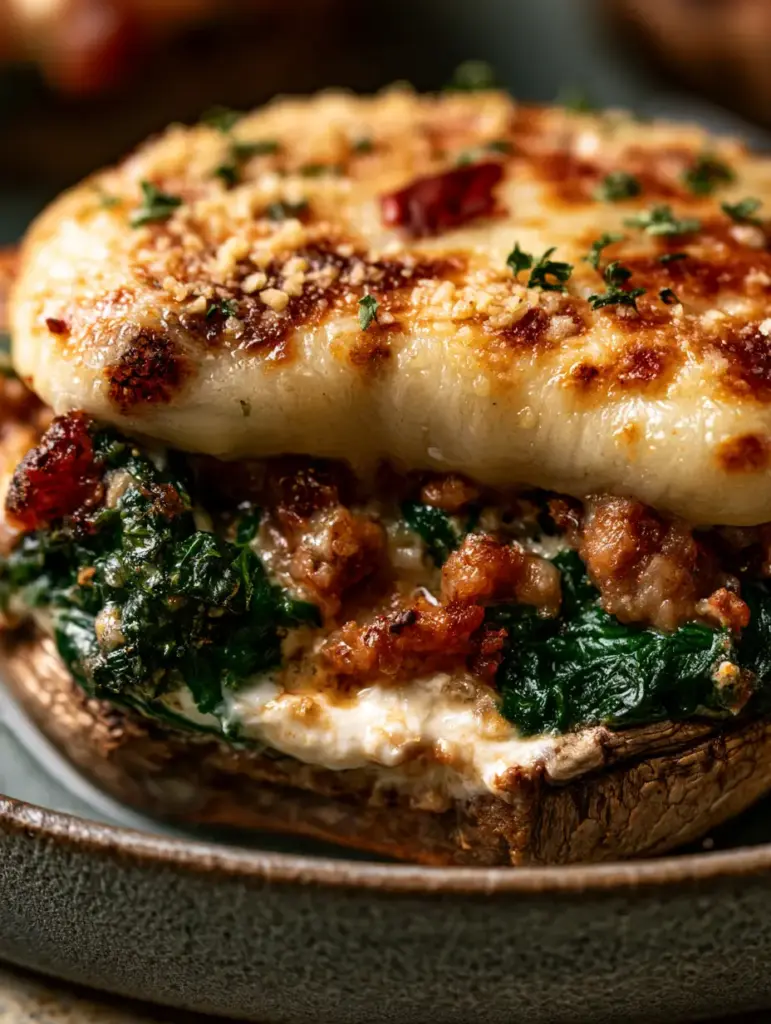 Top-down view of a single Spinach & Sausage Stuffed Mushroom on a dark grey ceramic dish with charred parmesan spots.