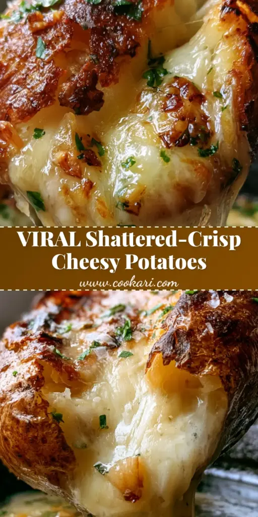 A close-up of a crispy smashed potato dish with melted cheese and garlic butter. (potato dish)