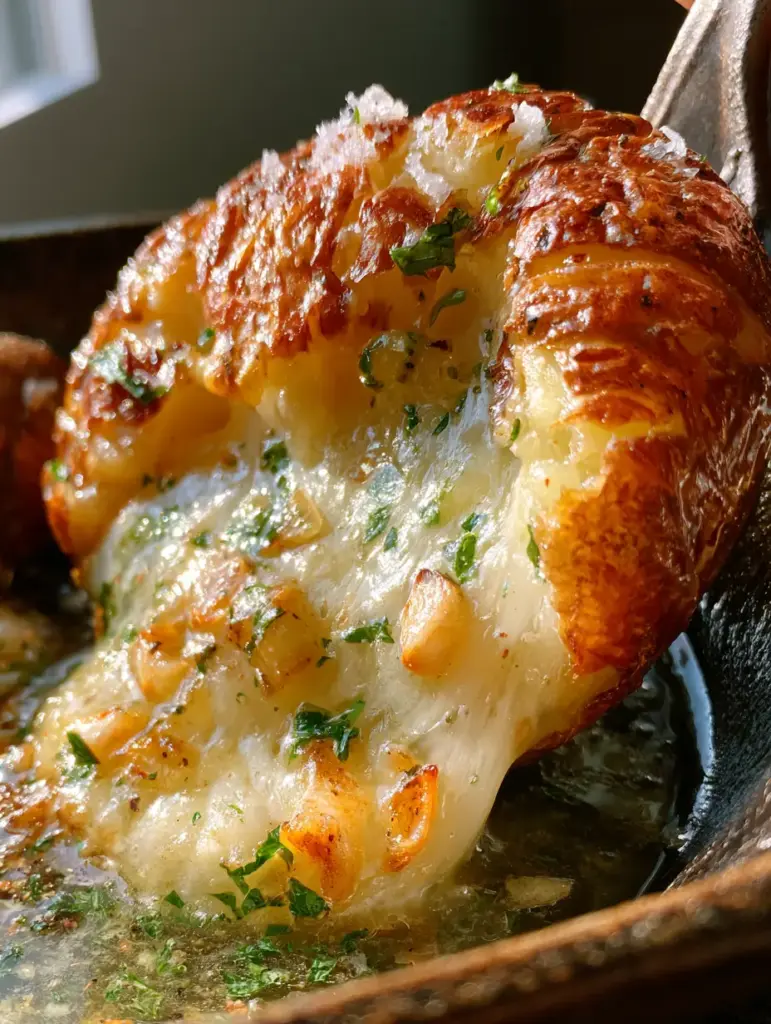 Extreme close-up of a shattered-crisp potato dish being lifted with molten cheese stretch. (potato dish)