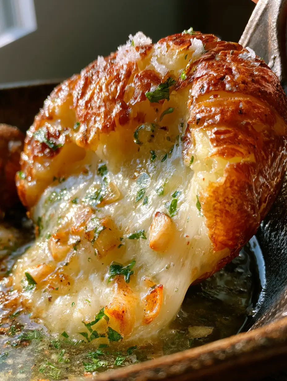 Extreme close-up of a shattered-crisp potato dish being lifted with molten cheese stretch. (potato dish)