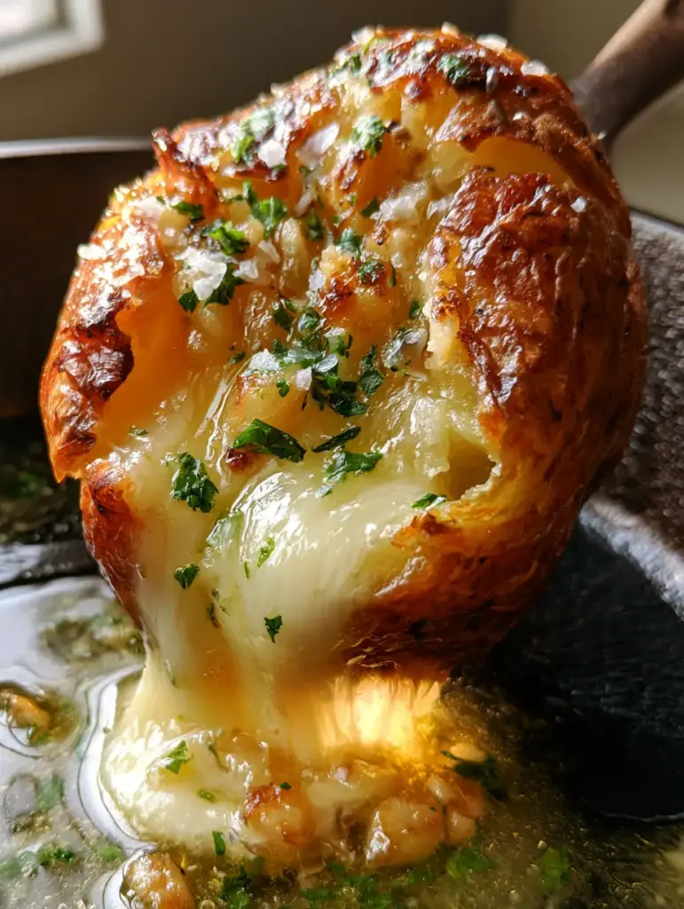 High-angle shot of a rustic cast iron skillet filled with a garlic butter potato dish.