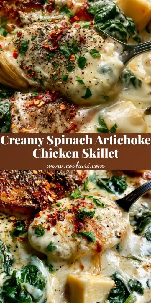 A rustic cast iron skillet filled with golden-brown pan-seared chicken breasts, creamy mozzarella sauce, wilted spinach, and artichoke hearts. (spinach artichoke chicken skillet)