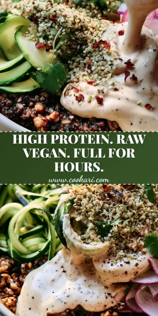 A top-down Pinterest-style graphic showing a raw vegan power bowl with zucchini ribbons and cashew cream. (raw vegan meals)