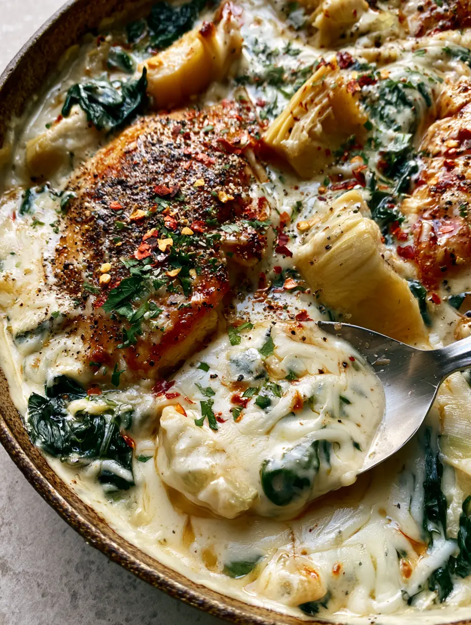Macro shot showing the crispy golden edges of the chicken and the velvety white cream sauce with mozzarella cheese strings. (spinach artichoke chicken skillet)