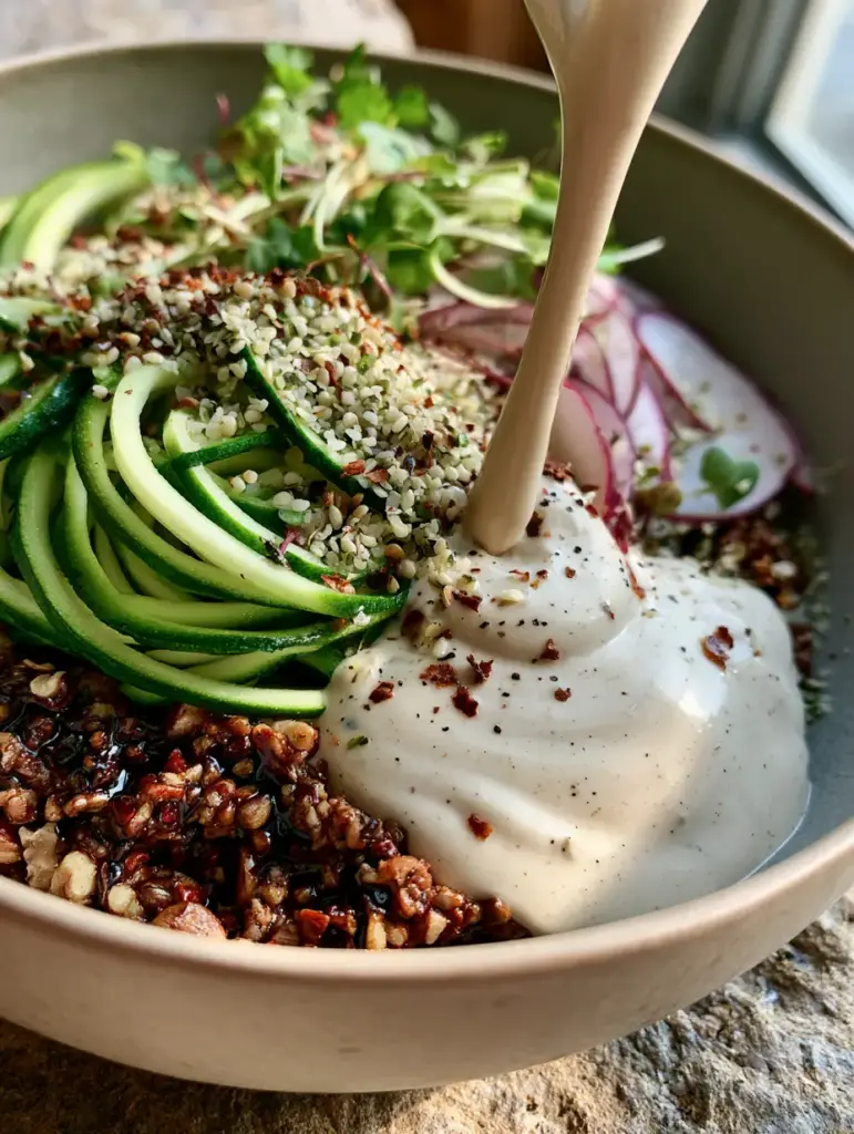 Extreme macro close-up of ivory cashew cream cascading over green zucchini ribbons and purple radishes. (raw vegan meals)
