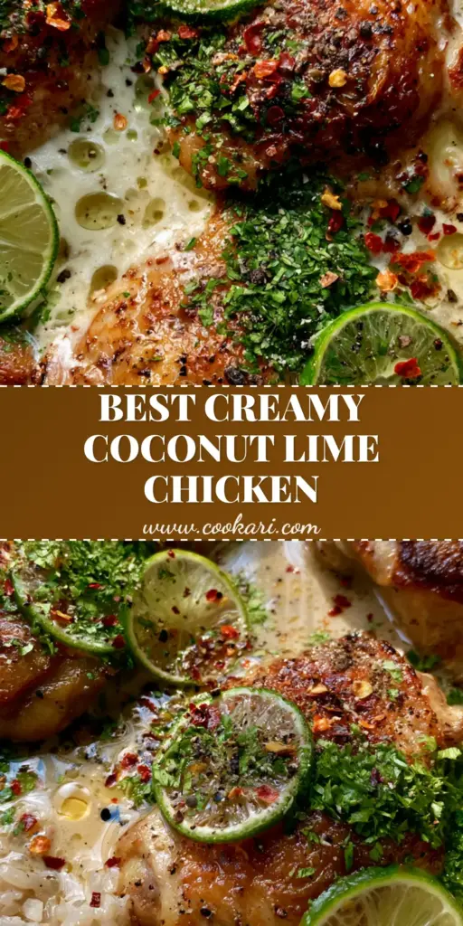 An overhead view of a coconut lime chicken skillet featuring crispy seared thighs, ivory sauce, and lime wheels in a cast iron pan.