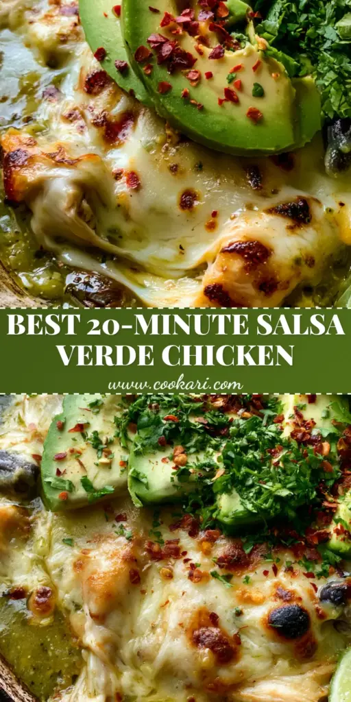 A rustic cast iron skillet filled with Salsa Verde Chicken Skillet, topped with melted Monterey Jack cheese, avocado slices, and cilantro.