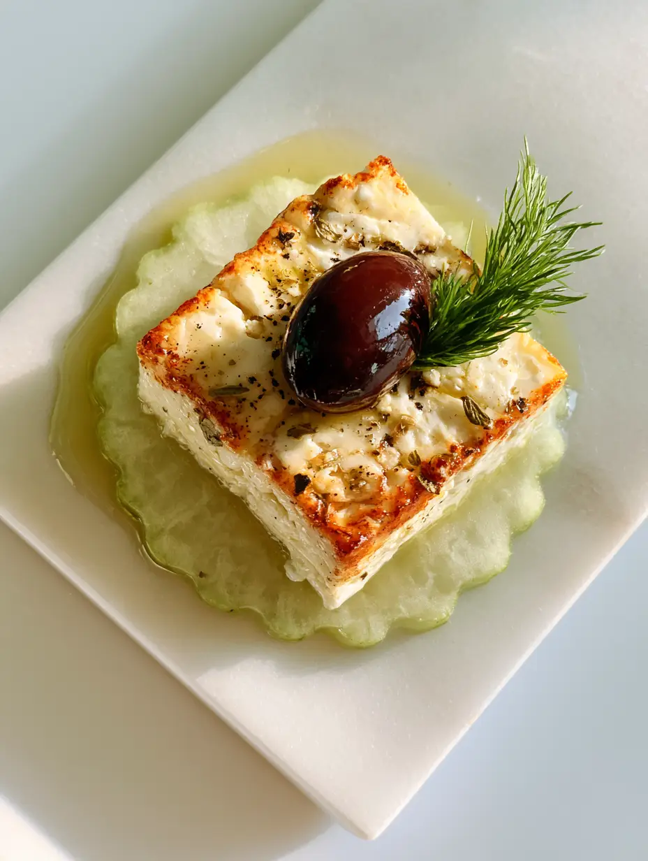 Top-down view of healthy appetizers with seared feta, kalamata olives, and dill on scalloped cucumber rounds.
