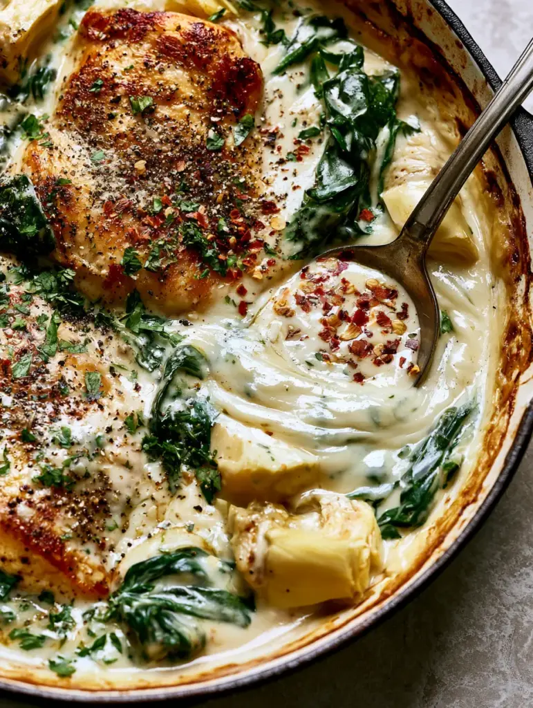 A stainless steel spoon dipping into the thick white sauce featuring wilted green spinach and pale-yellow artichokes.