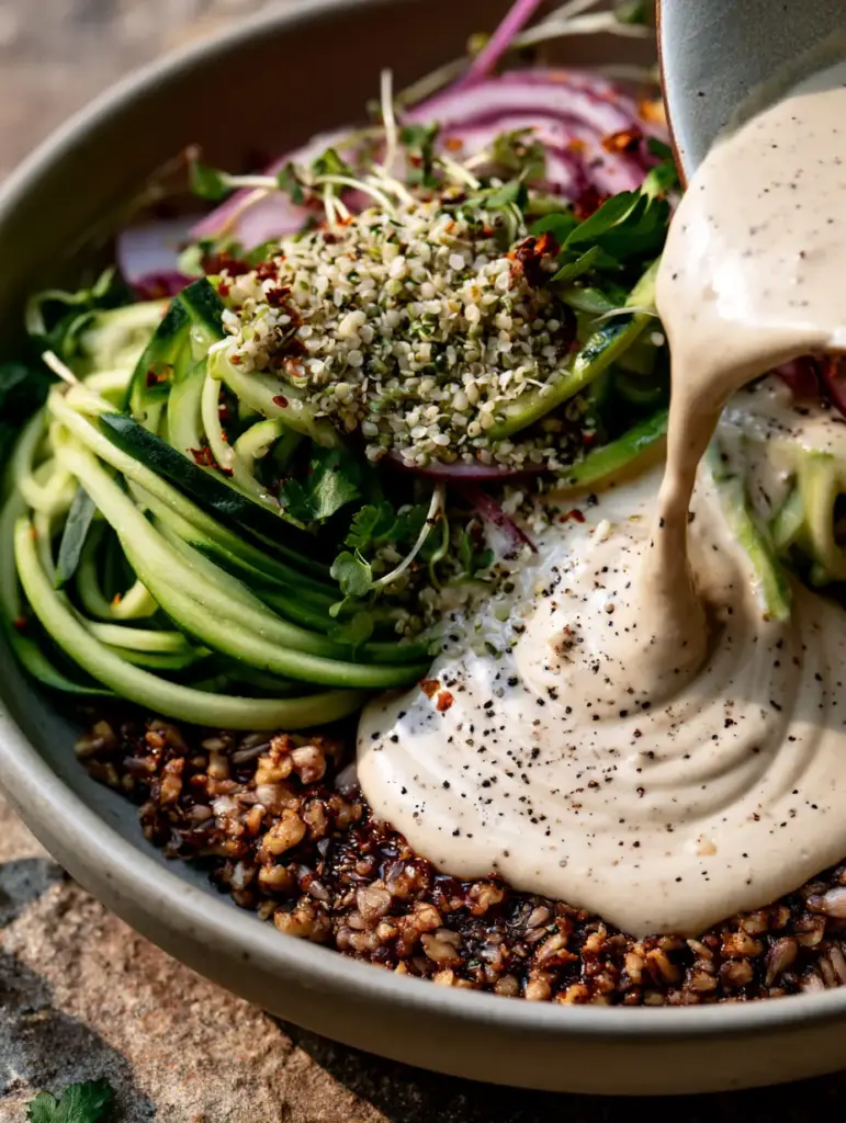 A close-up of the dark savory umami nut crumble at the base of the bowl. (raw vegan meals)