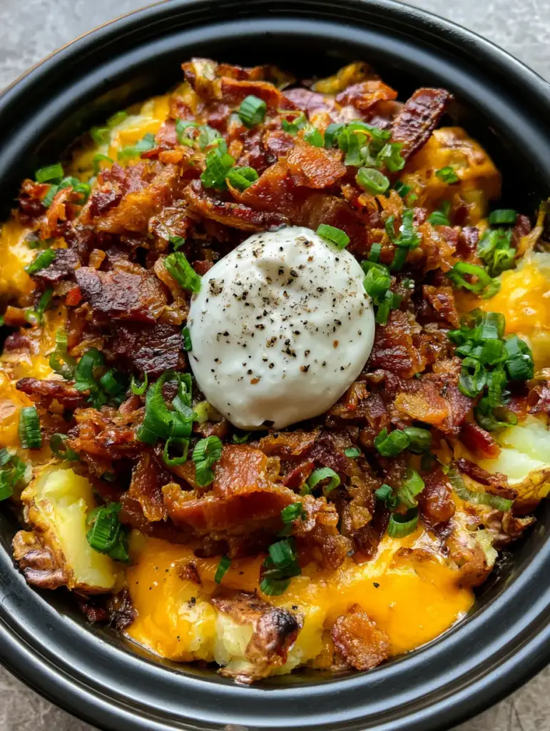 Close-up of fork-crushed golden baby potatoes with melted cheese and fresh green onions in a slow cooker.