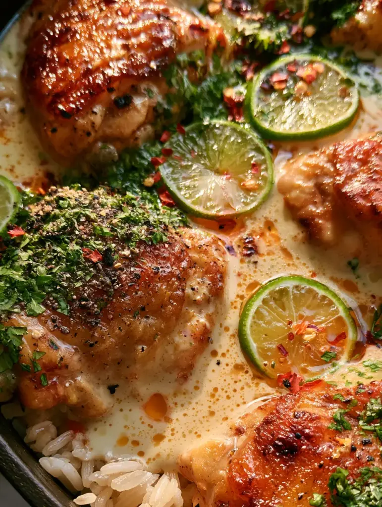 Close-up macro of seared chicken thighs in ivory coconut milk sauce with oil droplets and red pepper flakes. (coconut lime chicken skillet)