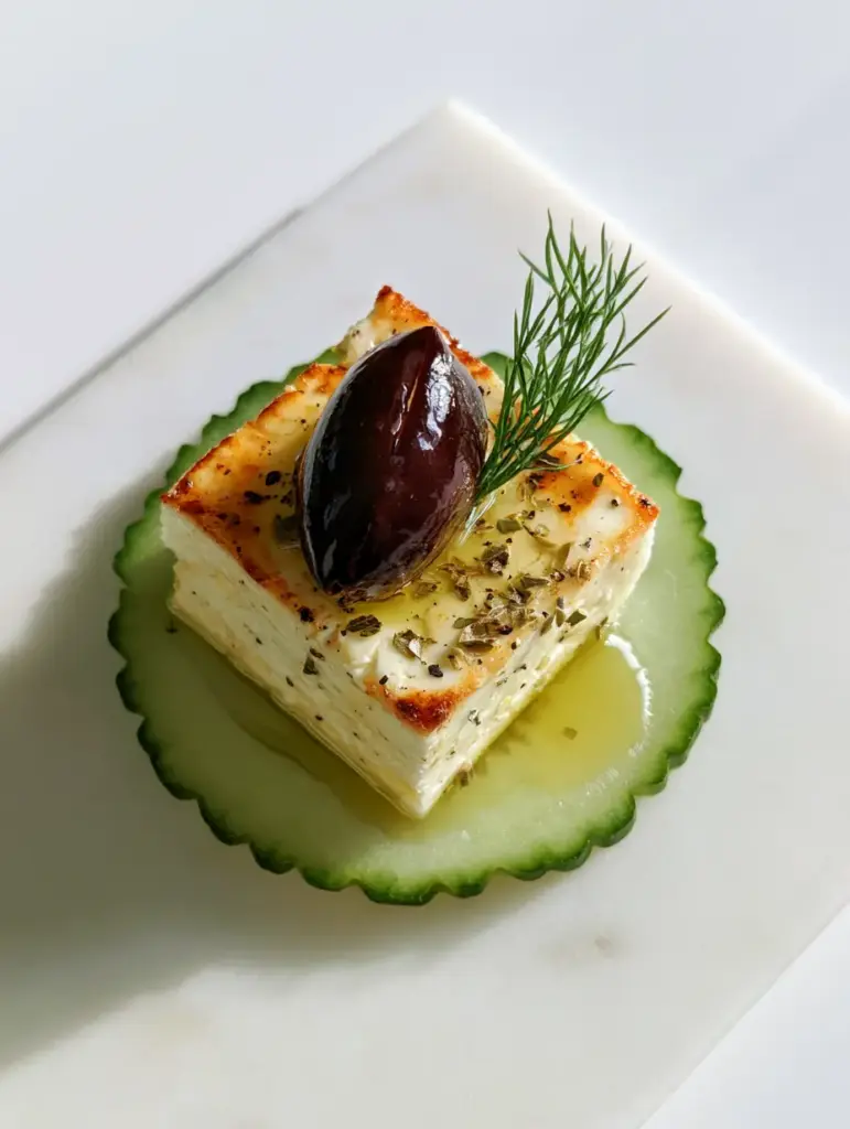 Close-up of a single healthy appetizer bite featuring golden seared feta and a glossy kalamata olive.