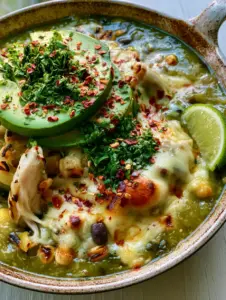 Juicy seared chicken breast in a thick green tomatillo sauce with bubbling cheese in a cast iron skillet. (Salsa Verde Chicken Skillet)