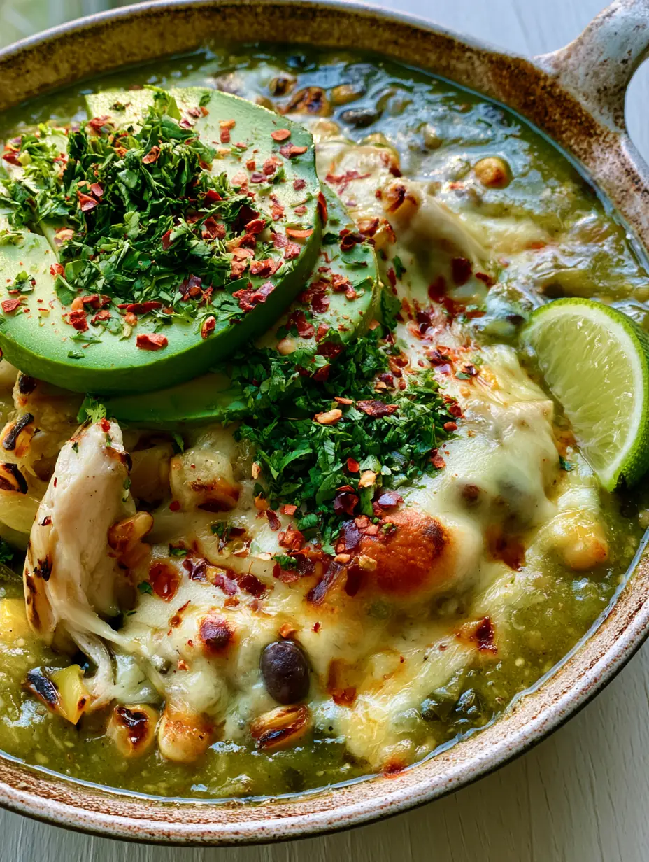 Juicy seared chicken breast in a thick green tomatillo sauce with bubbling cheese in a cast iron skillet. (Salsa Verde Chicken Skillet)