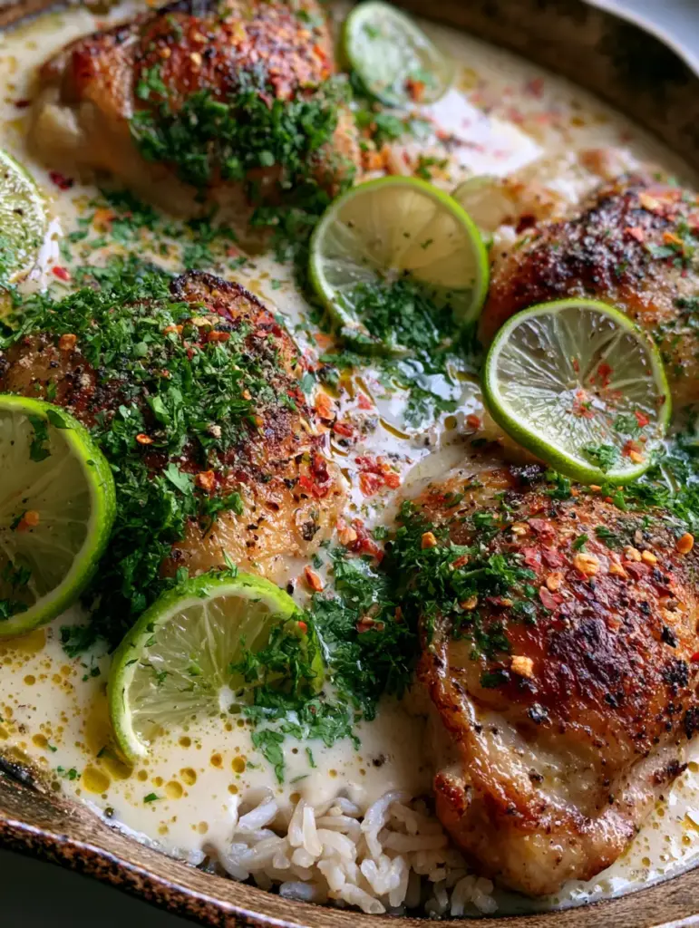 Rustic cast iron skillet filled with coconut lime chicken, jasmine rice, and fresh cilantro garnish.