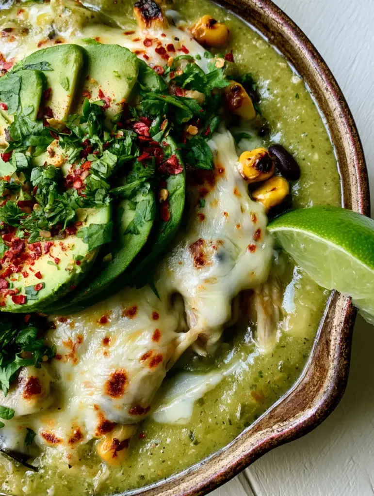 Close up of shredded chicken smothered in Monterey Jack cheese with charred corn and black beans. (Salsa Verde Chicken Skillet)