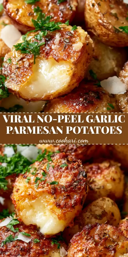 Creamy Baby Potatoes with Crispy Parmesan Crust and Garlic Butter 4 A pile of roasted creamy baby potatoes with a thick crunchy parmesan crust on a stone plate, garnished with parsley and sea salt.