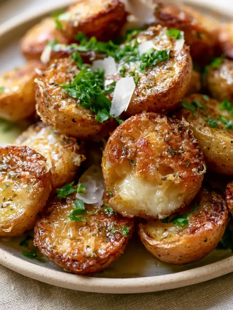 Extreme macro shot of creamy baby potatoes showing the steaming velvety white interior and golden brown cheese crust.