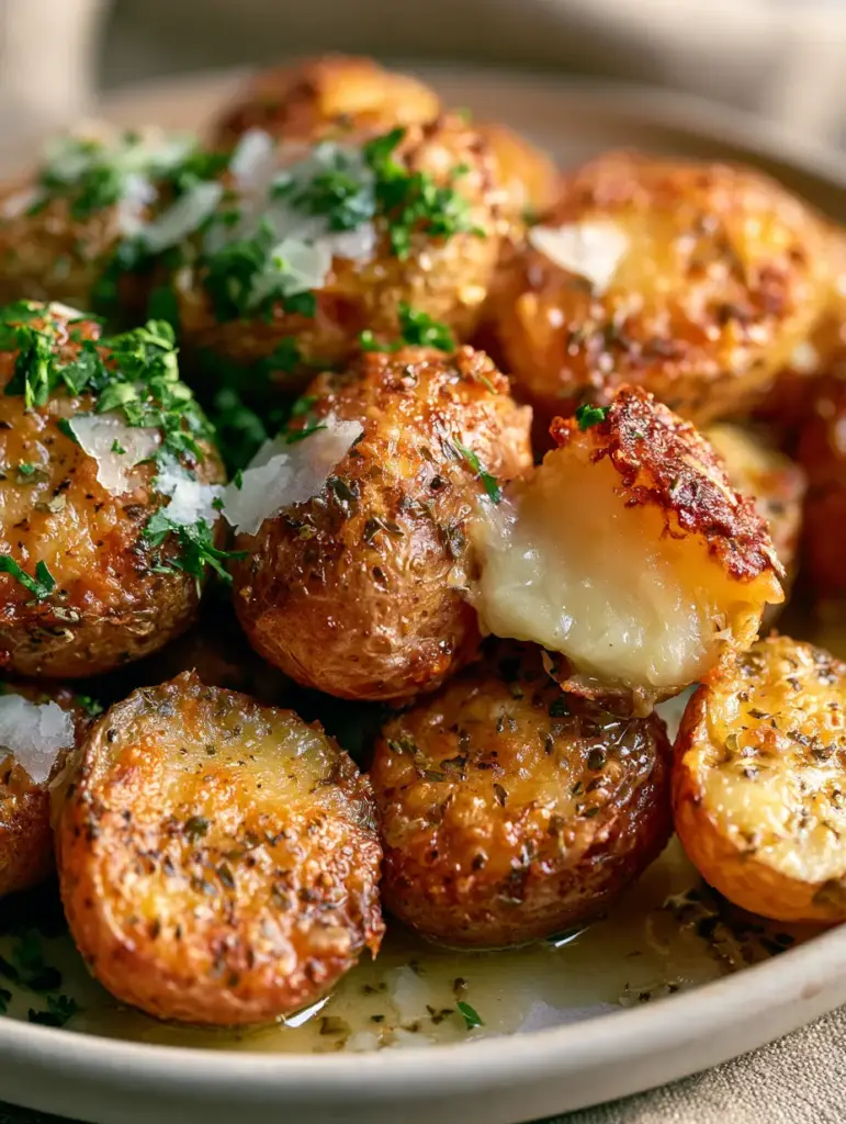 Creamy Baby Potatoes with Crispy Parmesan Crust and Garlic Butter 1 Halved baby potatoes glistening with garlic butter sauce and topped with large flakes of sea salt and fresh parsley.