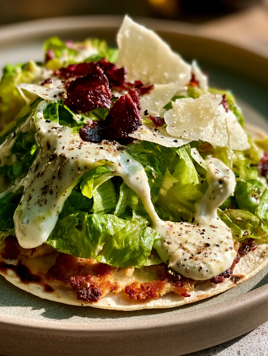 Smash Chicken Caesar Tacos: The Ultimate Crispy Fusion Recipe 4 Close up shot of the crispy golden-brown seared ground chicken edges on a charred flour tortilla. (Smash Chicken Caesar Tacos)