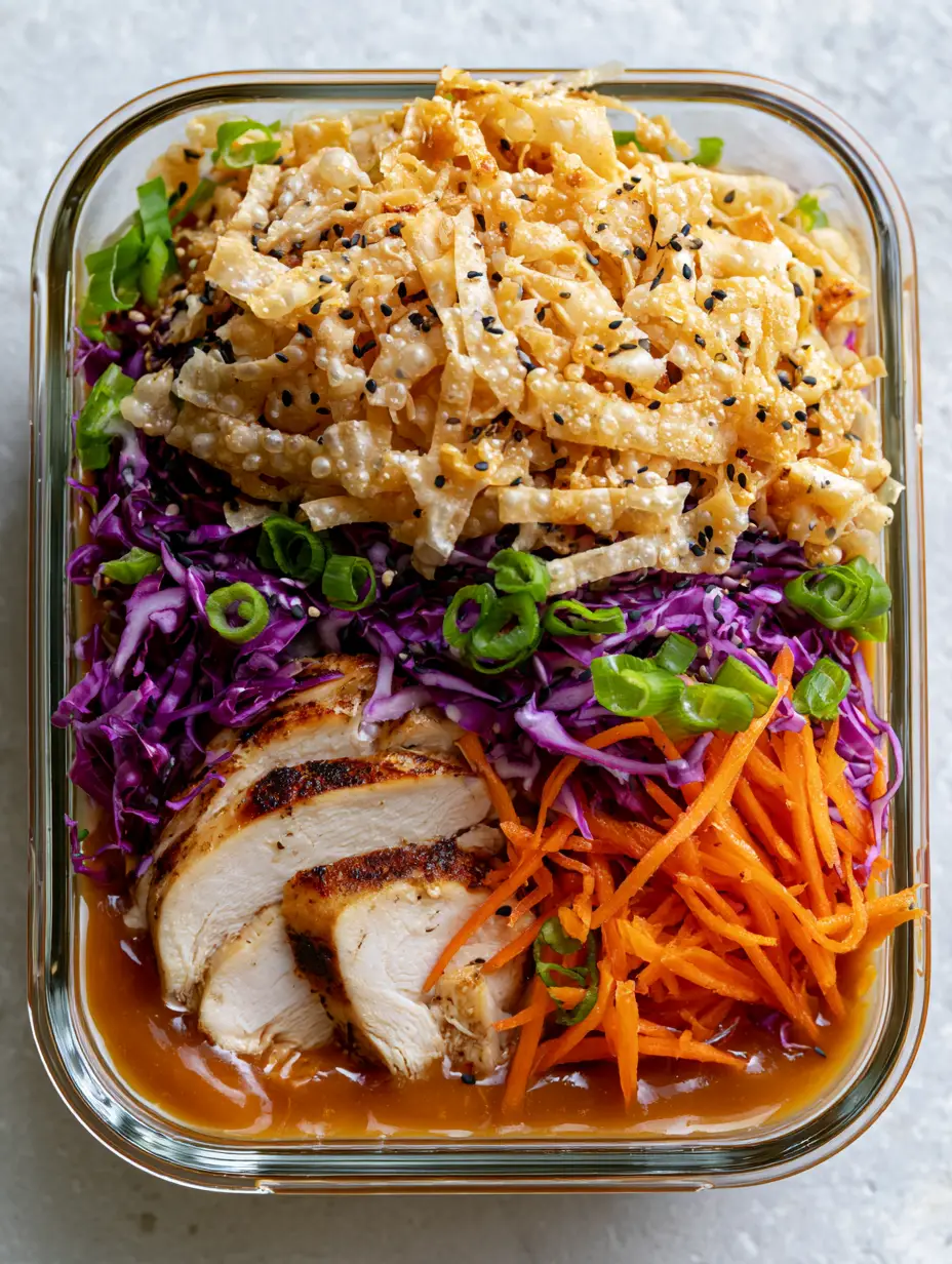 Chinese Chicken Salad with Toasted Sesame Ginger Dressing and Crispy Wonton Strips 3 Top-down shot of a glass container with layered Chinese chicken salad, featuring seared chicken and purple cabbage.