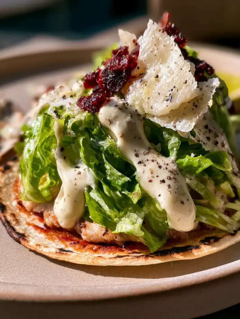 Smash Chicken Caesar Tacos: The Ultimate Crispy Fusion Recipe 1 A handheld smartphone photo showing three viral smash chicken caesar tacos with glossy dressing and shaved parmesan flakes.
