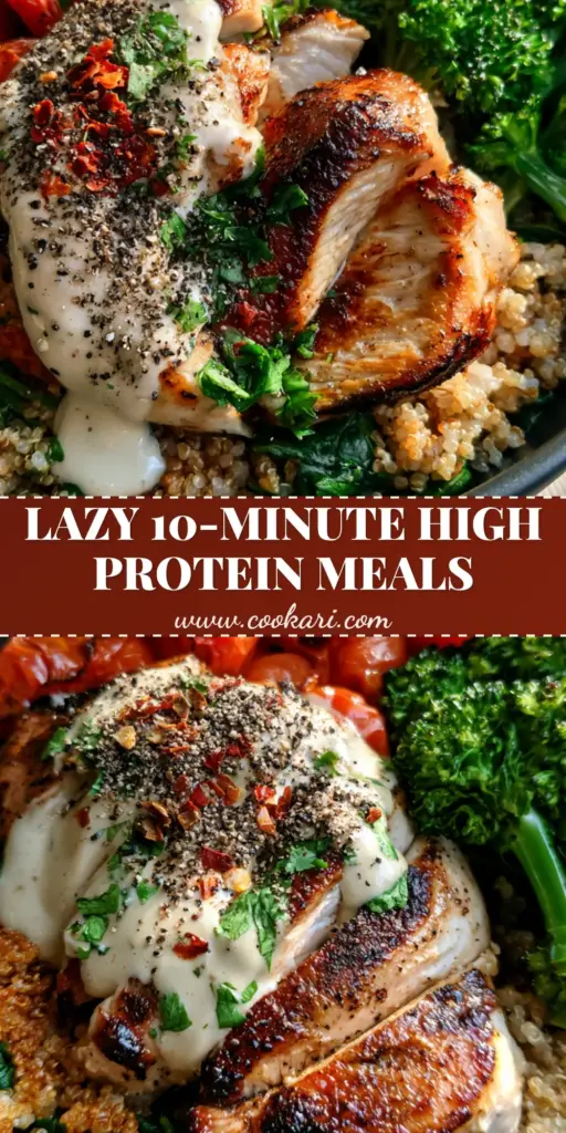 High Protein Recipes: Pan-Seared Chicken and Quinoa Power Bowl 3 A close-up vertical shot of a chicken and quinoa power bowl with lemon tahini sauce, showcasing high protein recipes.
