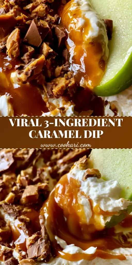 Caramel Apple Dip with Heath Bar Toffee and Chocolate 4 A crisp Granny Smith apple slice scooping a thick layer of Caramel Apple Dip topped with toffee and chocolate bits.