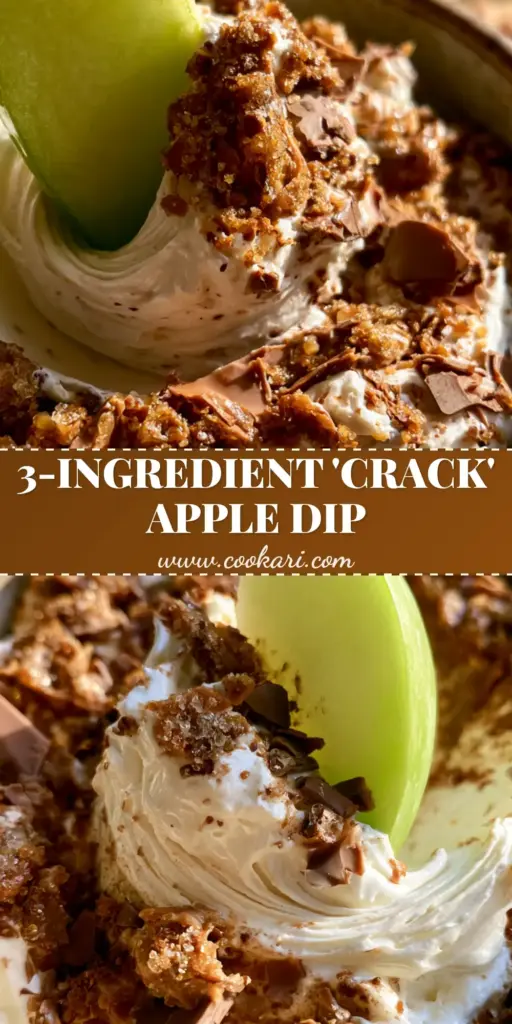A close-up of Apple toffee dip in a rustic bowl with a Granny Smith apple slice being pulled through the fluffy whipped cream, showing toffee bits and chocolate shards.