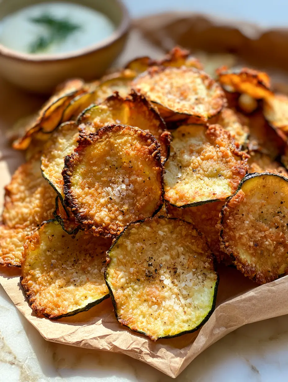 Macro handheld photo of ultra-thin golden-brown baked zucchini chips with visible parmesan texture and sea salt.