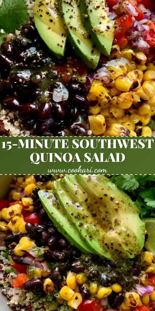 Southwest Quinoa Salad with Charred Corn and Cilantro-Lime Vinaigrette 3 A vertical Pinterest pin showing a vibrant Southwest Quinoa Salad with charred corn, black beans, and fanned avocado slices.
