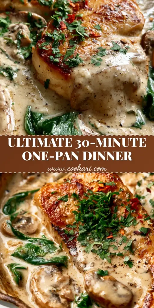 A vertical Pinterest shot of a Creamy Chicken Mushroom Spinach Skillet in a black cast-iron pan, featuring golden chicken and vibrant green spinach in a thick ivory sauce.