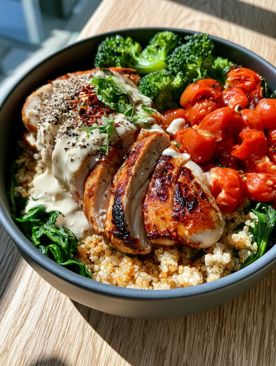 High Protein Recipes: Pan-Seared Chicken and Quinoa Power Bowl 4 Top-down angled shot of pan-seared chicken with char marks over golden quinoa and spinach. (high protein recipes)