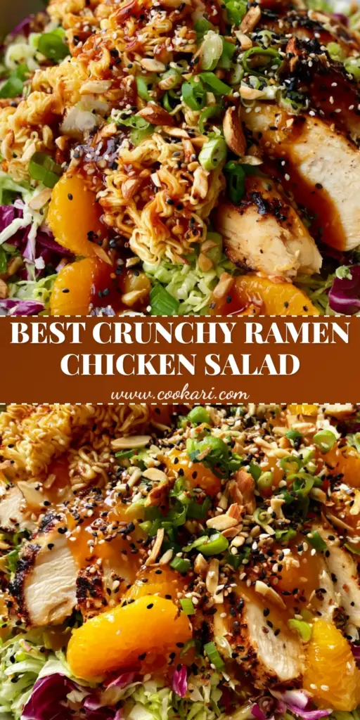 A top-down view of a vibrant ramen Chinese chicken salad in a white bowl featuring seared chicken, orange mandarins, and golden ramen clusters.