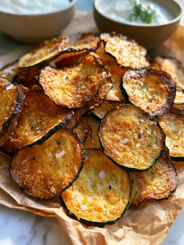 Baked zucchini chips served on a marble countertop with a side of creamy garlic aioli and fresh dill garnish.