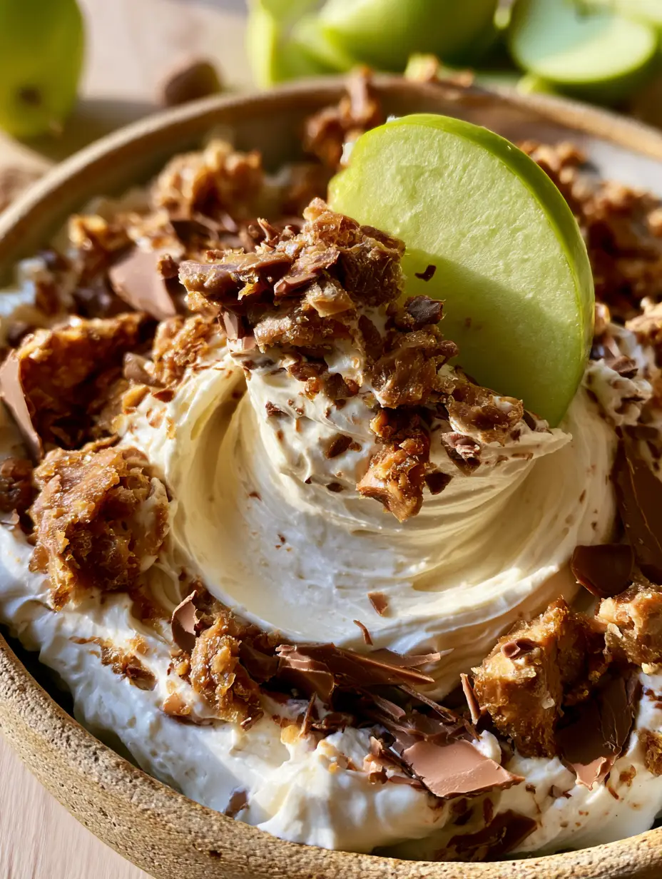 Macro extreme close-up of Apple toffee dip showing the airy texture of whipped cream cheese folded with milk chocolate and golden toffee bits.