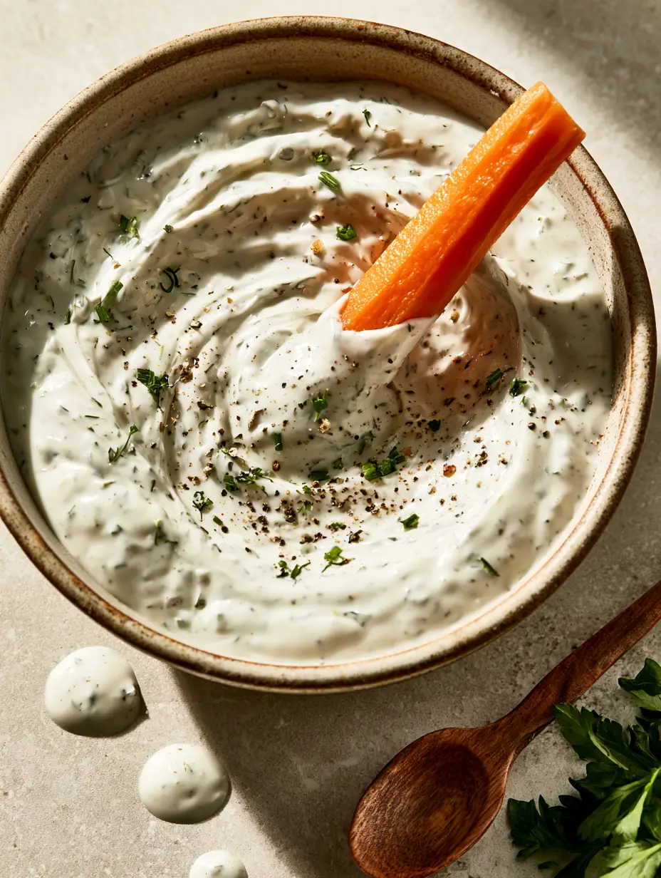 Top-down view of Paleo Ranch Dressing with fine dried dill flecks and coarse black pepper on a neutral stone surface.