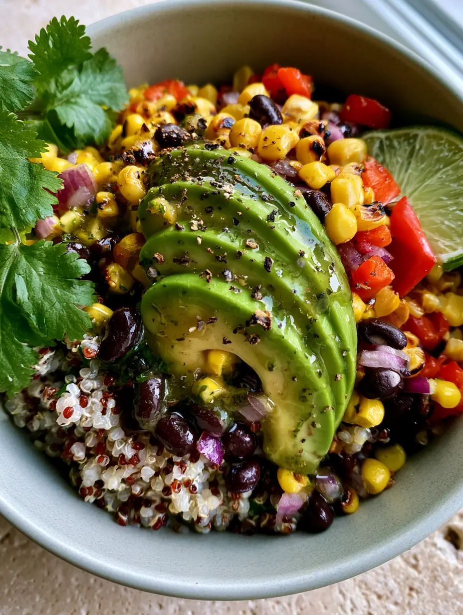 Southwest Quinoa Salad with Charred Corn and Cilantro-Lime Vinaigrette 4 Macro overhead shot of Southwest Quinoa Salad in a matte grey bowl with glossy vinaigrette and cracked pepper.