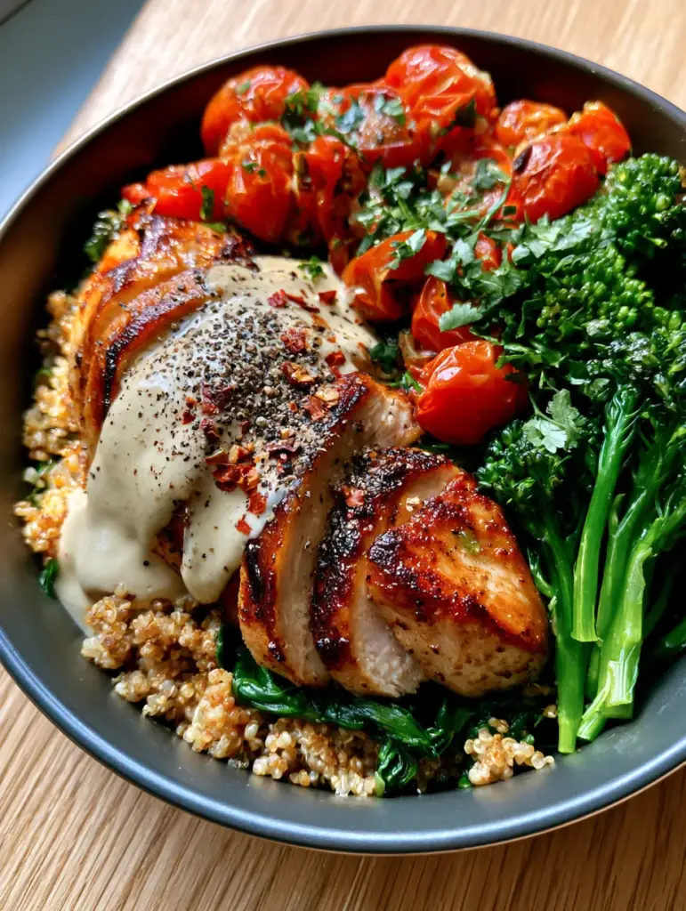 High Protein Recipes: Pan-Seared Chicken and Quinoa Power Bowl 1 Close up of blistered cherry tomatoes and steamed broccoli in a matte ceramic bowl.