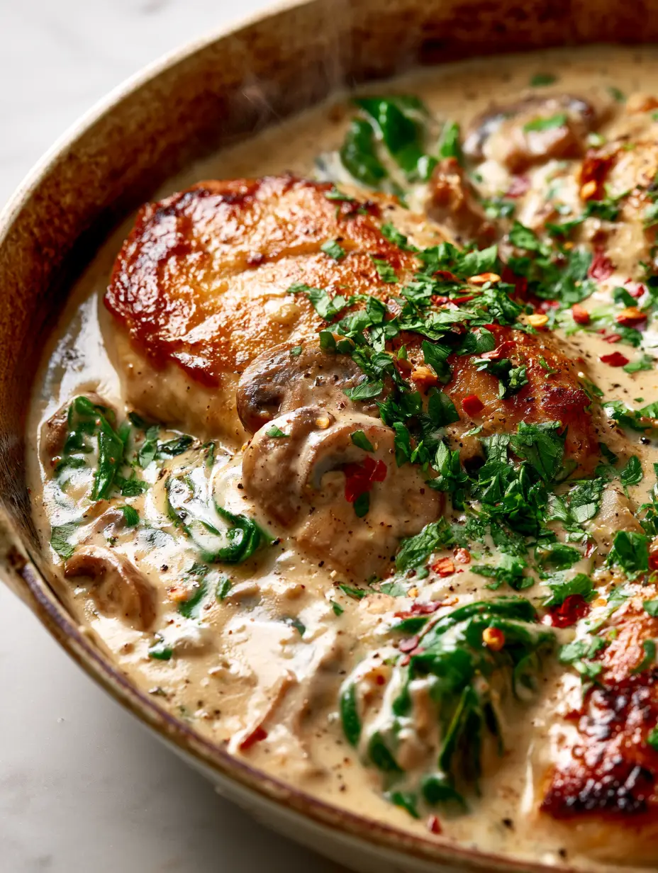Extreme close-up of golden-seared chicken breast slices in a thick ivory garlic cream sauce with sautéed mushrooms and spinach. (Creamy Chicken Mushroom Spinach Skillet)