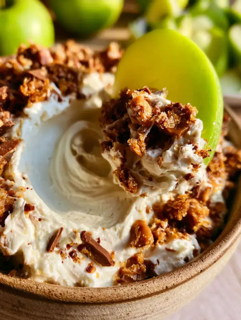A deep swirl of Apple toffee dip being lifted by a crisp green apple slice, highlighted by natural afternoon sunlight.