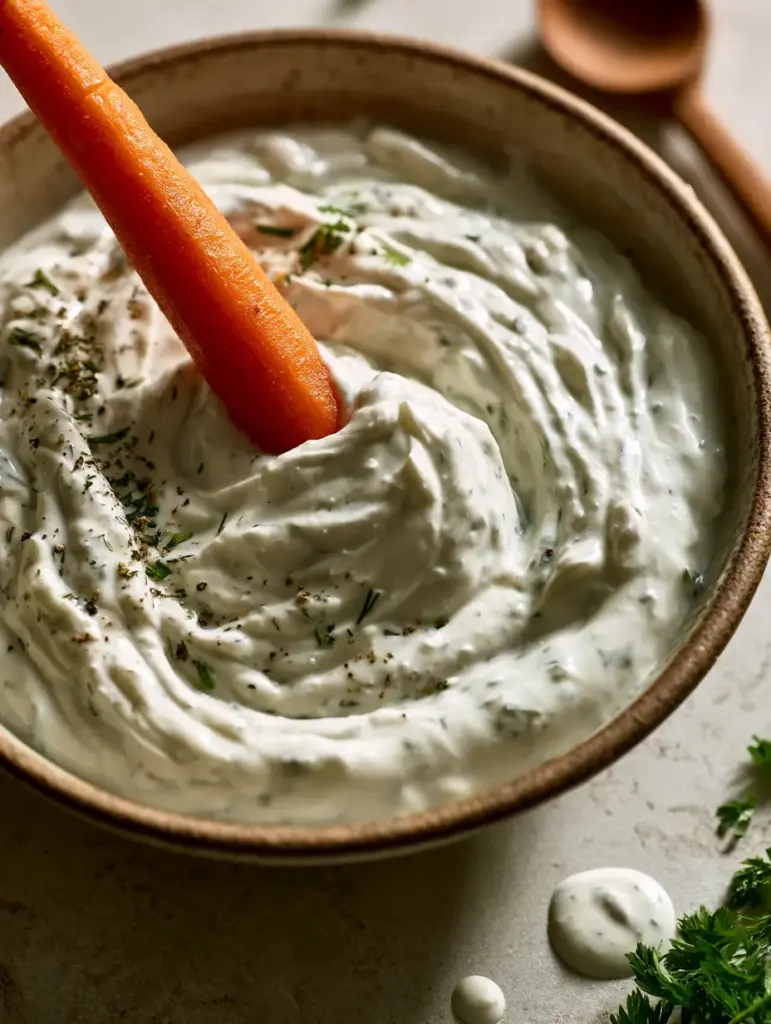 Creamy dollops of Paleo Ranch Dressing in a ceramic bowl with a wooden spoon accent.