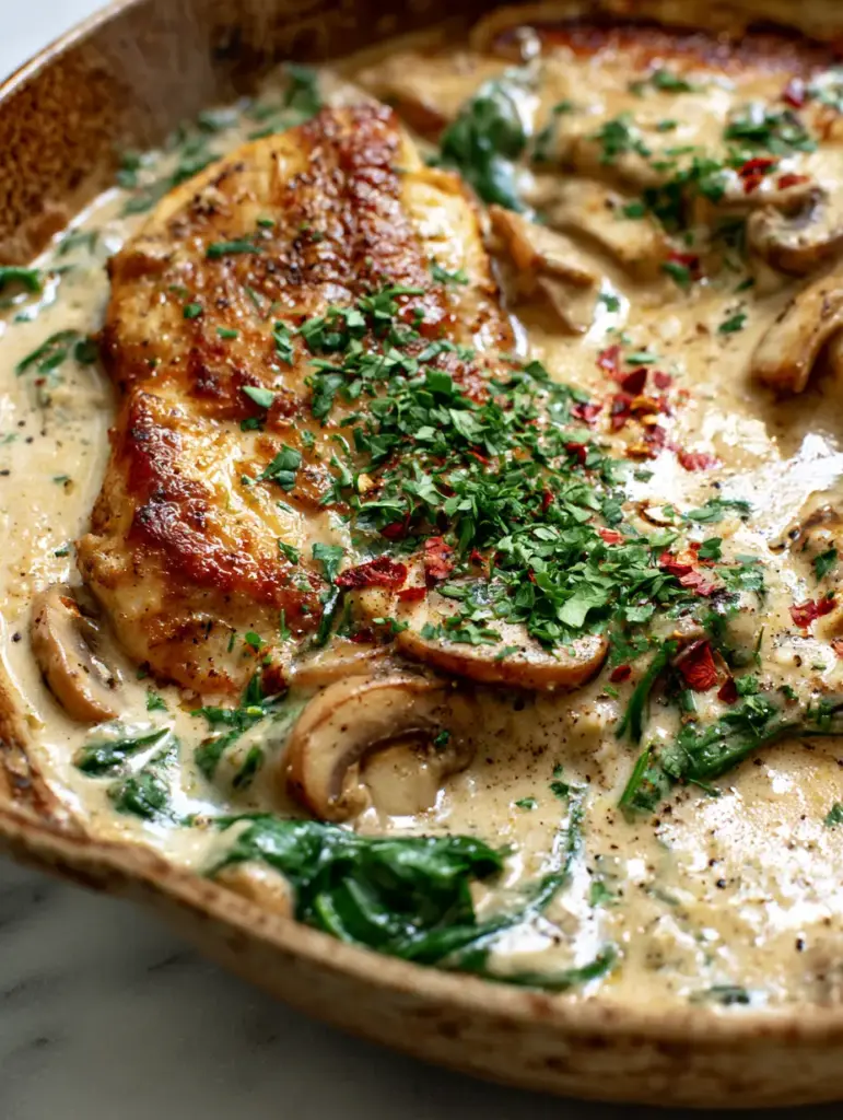 A rustic seasoned cast-iron skillet filled with Creamy Chicken Mushroom Spinach Skillet topped with fresh parsley and red chili flakes.